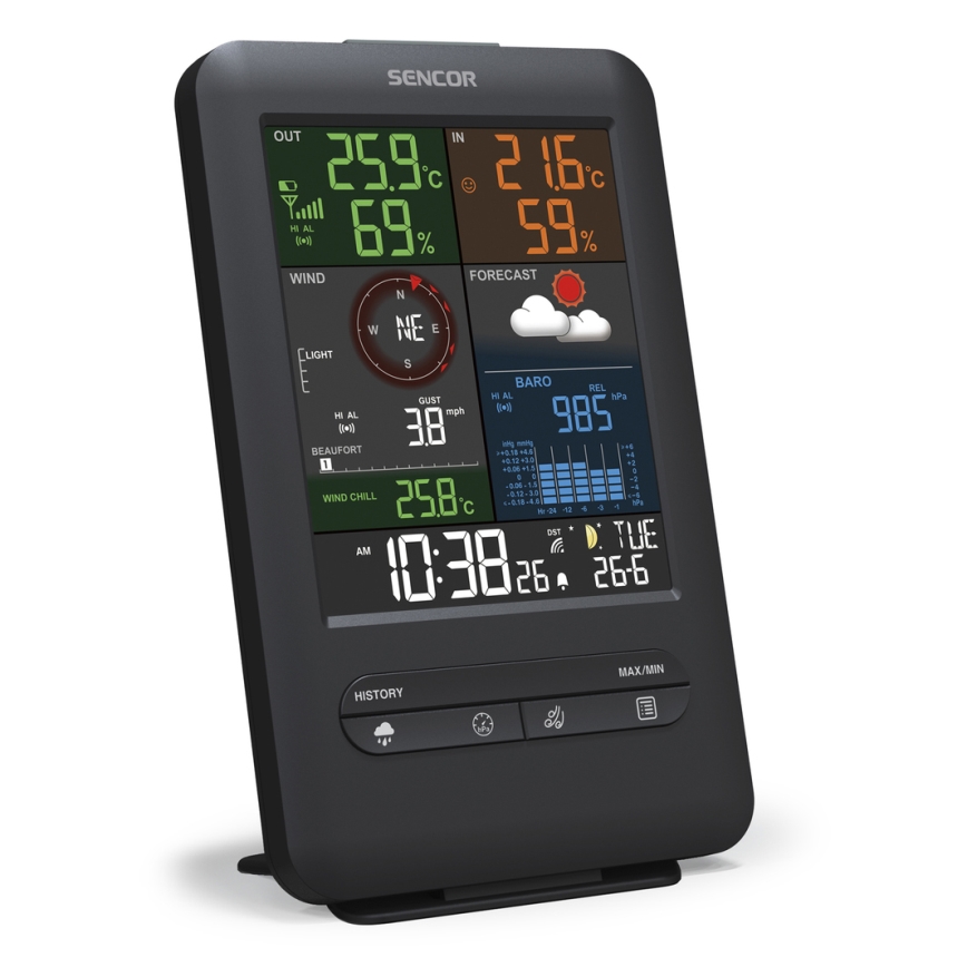 Sencor - Estación meteorológica profesional con pantalla LCD y despertador 1xCR2032 + 3xAA