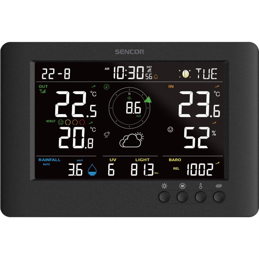 Sencor - Estación meteorológica profesional con pantalla LCD a color y despertador 5V/1xCR2032 + 3xAA