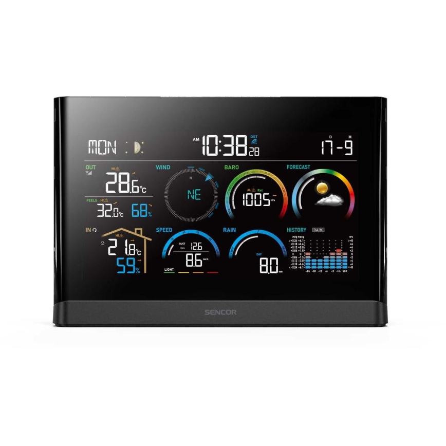 Sencor - Estación meteorológica profesional con pantalla LCD a color y despertador 5V/3xAAA + 3xAA