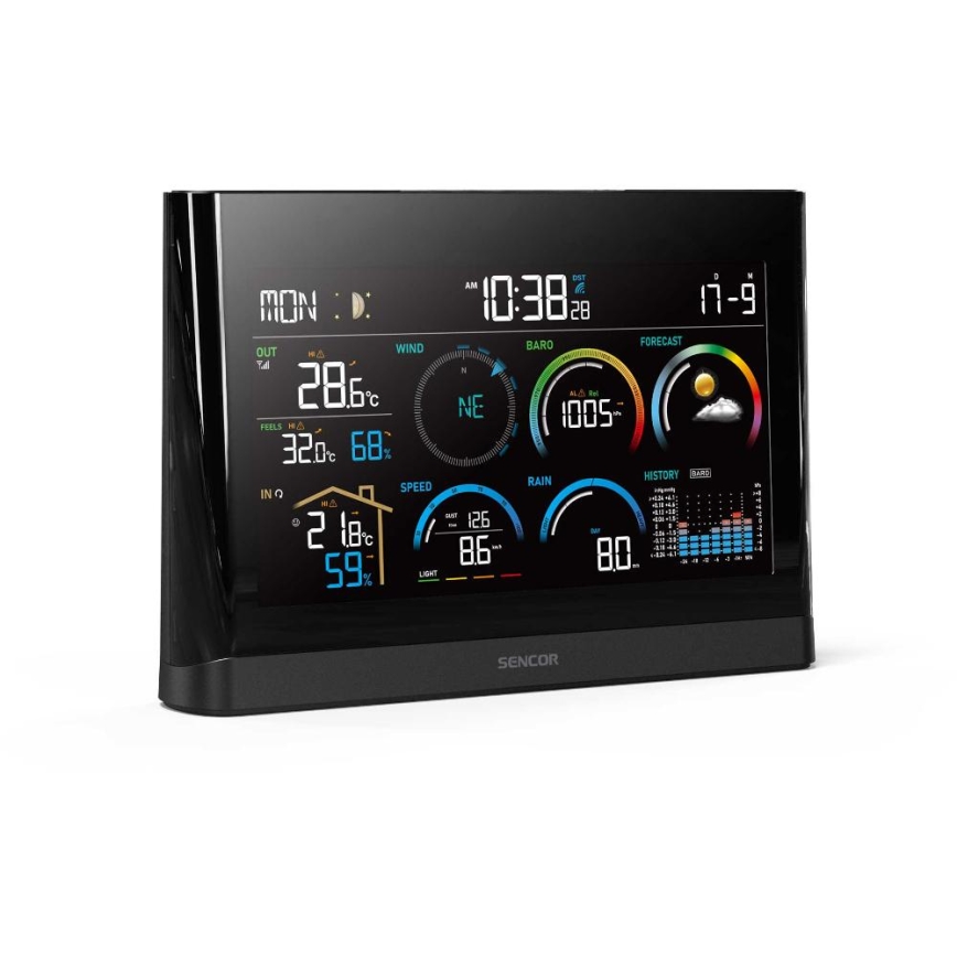 Sencor - Estación meteorológica profesional con pantalla LCD a color y despertador 5V/3xAAA + 3xAA
