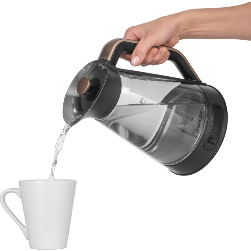 Sencor - Hervidor eléctrico con control de temperatura, 1,5 l, 2150 W/230 V, negro/oro rosa