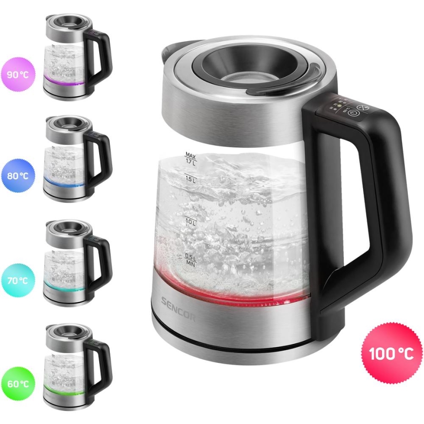Sencor - Hervidor eléctrico con control de temperatura 1,7 l 2200 W/230 V cromo mate/negro