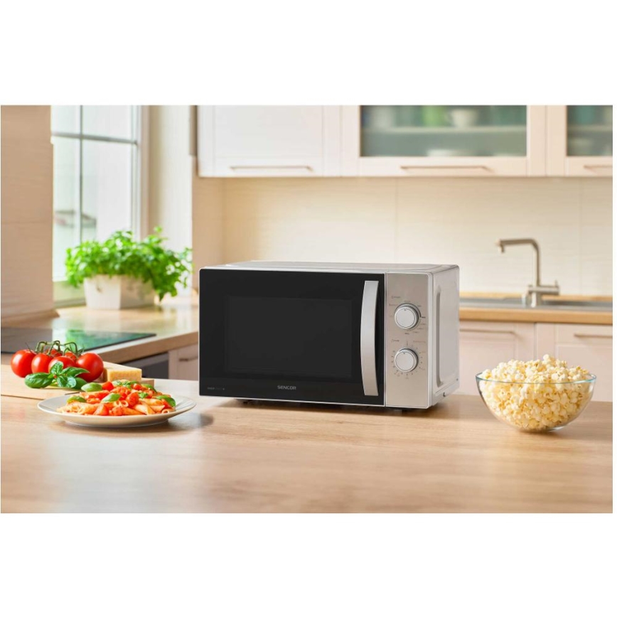 Sencor - Microondas con función grill 700W/1000W/230V, 20 l, acabado cromado mate
