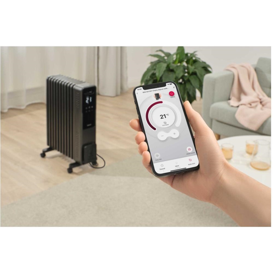 Sencor - Radiador de aceite con 11 aletas 1000/1200/2400W/230V Wi-Fi negro