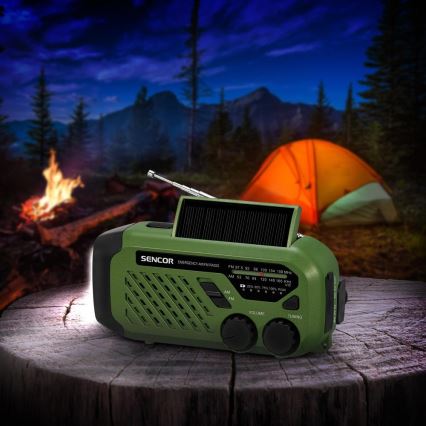 Sencor - Radio para camping con panel sol. y linterna LED con gancho e imán 5V/2000 mAh IPX4 verde