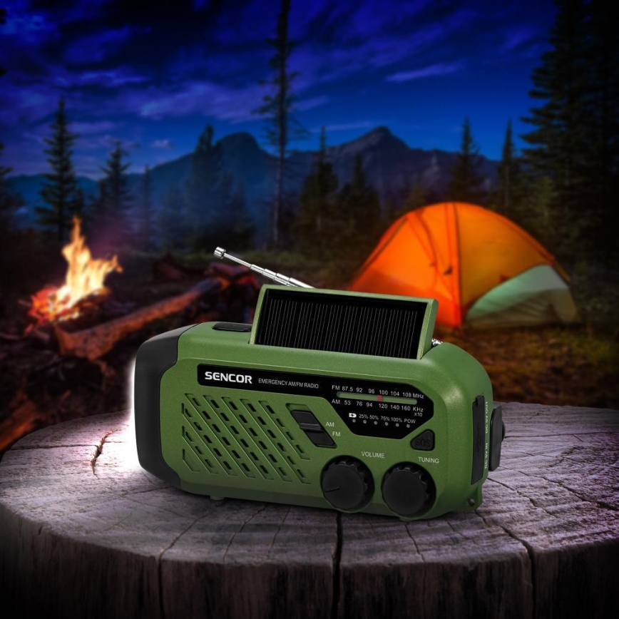 Sencor - Radio para camping con panel sol. y linterna LED con gancho e imán 5V/2000 mAh IPX4 verde
