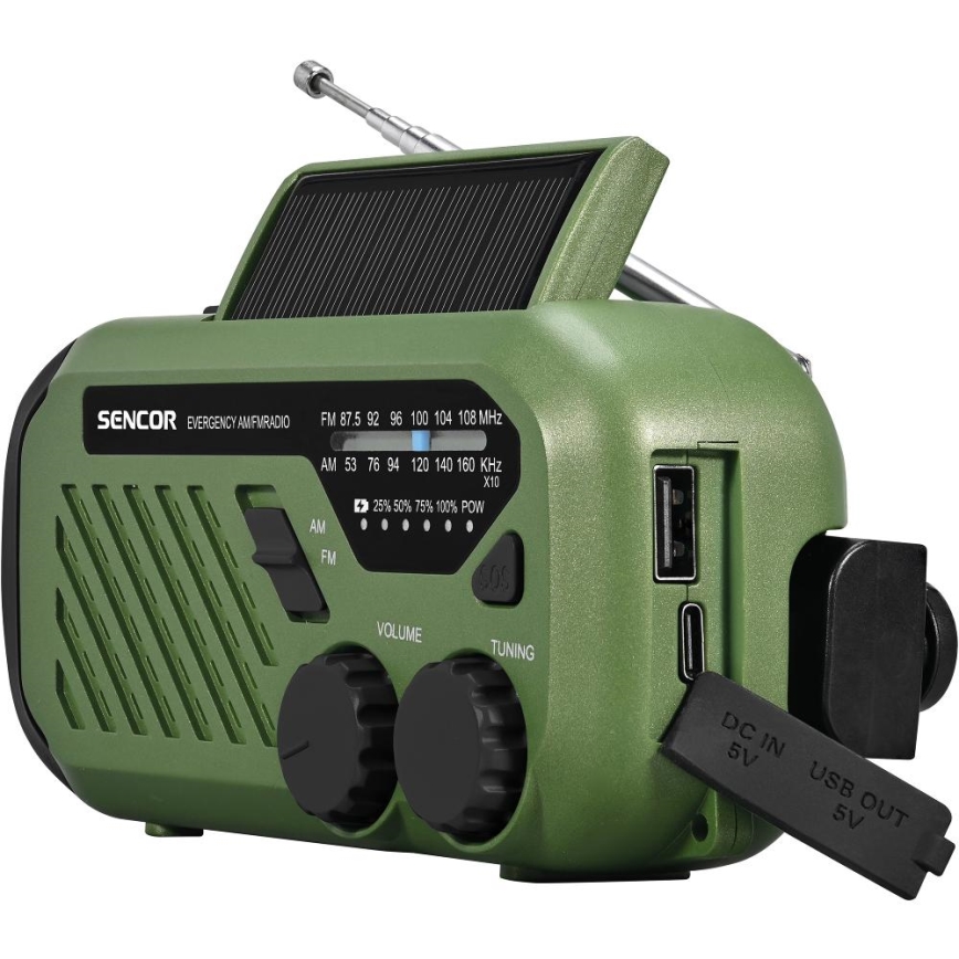 Sencor - Radio para camping con panel sol. y linterna LED con gancho e imán 5V/2000 mAh IPX4 verde