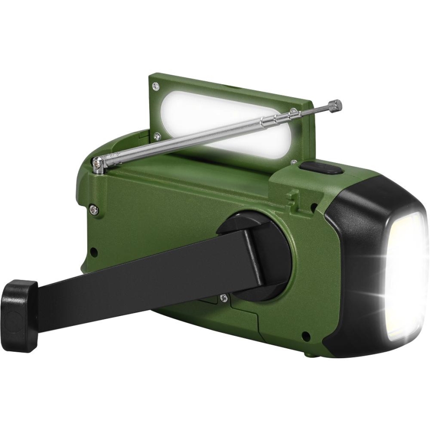 Sencor - Radio para camping con panel sol. y linterna LED con gancho e imán 5V/2000 mAh IPX4 verde