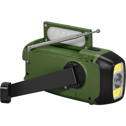 Sencor - Radio para camping con panel sol. y linterna LED con gancho e imán 5V/2000 mAh IPX4 verde