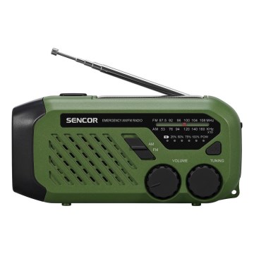 Sencor - Radio para camping con panel sol. y linterna LED con gancho e imán 5V/2000 mAh IPX4 verde