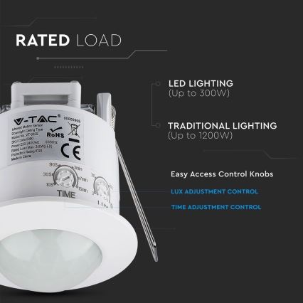 Sensor de movimiento empotrable PIR 360° 300W/230V blanco