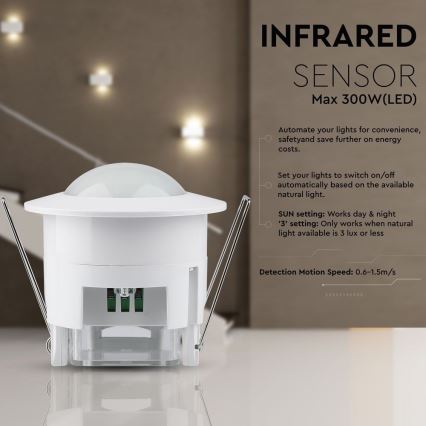 Sensor de movimiento empotrable PIR 360° 300W/230V blanco