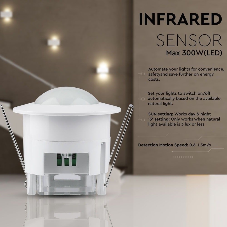 Sensor de movimiento empotrable PIR 360° 300W/230V blanco