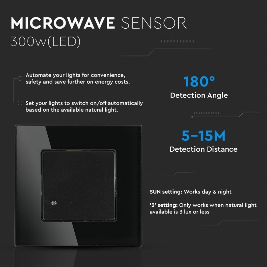 Sensor de movimiento por microondas 180° 300W/230V negro