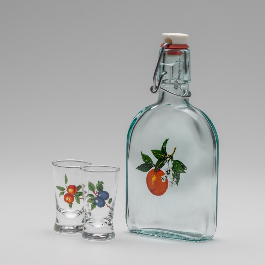 Set 1x botella de vidrio y 2x Vaso de chupito transparente con un motivo de albaricoque