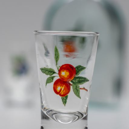 Set 1x botella de vidrio y 2x Vaso de chupito transparente con un motivo de albaricoque