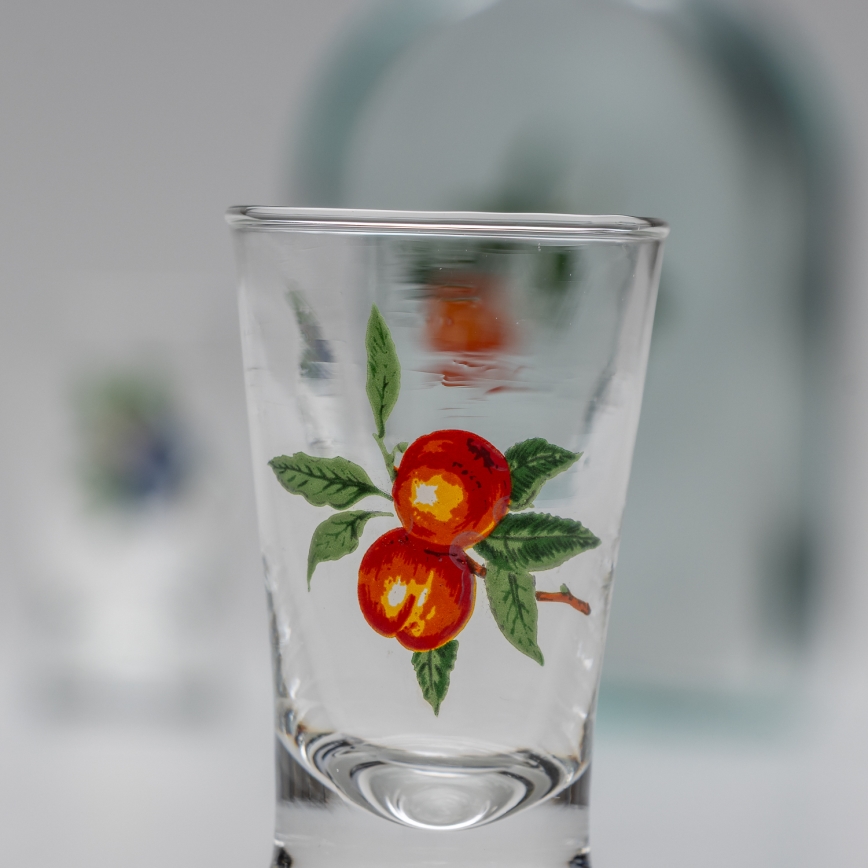 Set 1x botella de vidrio y 2x Vaso de chupito transparente con un motivo de albaricoque