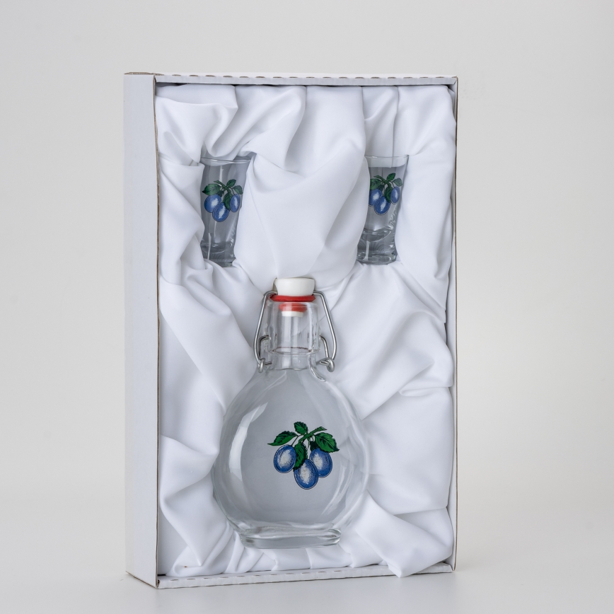 Set 1x Botella de vidrio y 2x vasos para chupitos transparentes con motivo de ciruelas