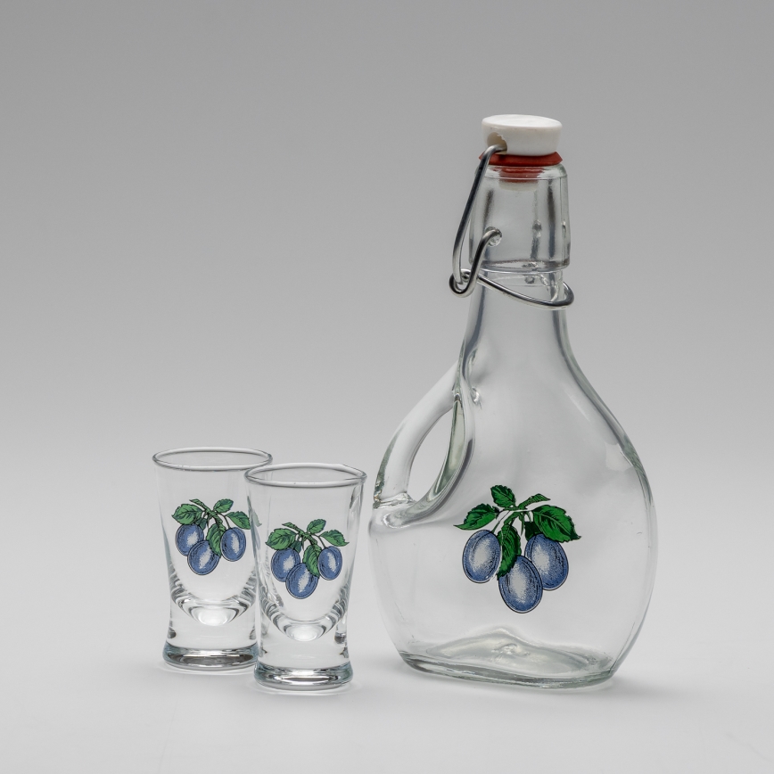 Set 1x botella grande + 2x Vaso de chupito transparente con motivo de ciruelas
