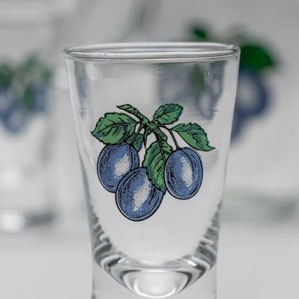 Set 1x botella grande + 2x Vaso de chupito transparente con motivo de ciruelas