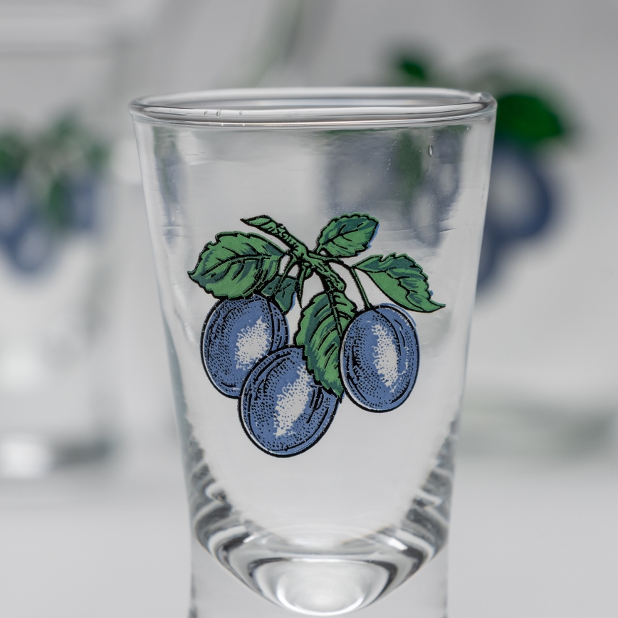 Set 1x botella grande + 2x Vaso de chupito transparente con motivo de ciruelas