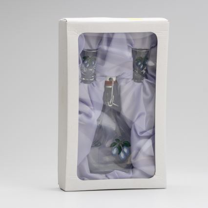 Set 1x botella grande + 2x Vaso de chupito transparente con motivo de ciruelas