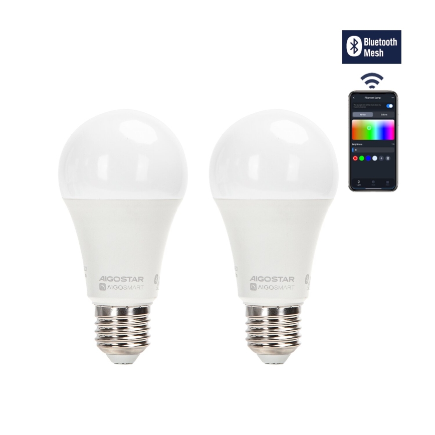 SET 2x Bombilla LED RGBW regulable MESH Inteligente A60 E27/12W/230V 2700-6500K + control remoto - Aigostar