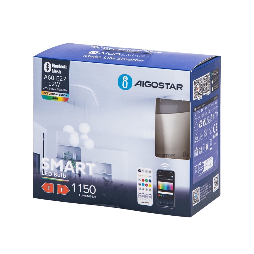 SET 2x Bombilla LED RGBW regulable MESH Inteligente A60 E27/12W/230V 2700-6500K + control remoto - Aigostar
