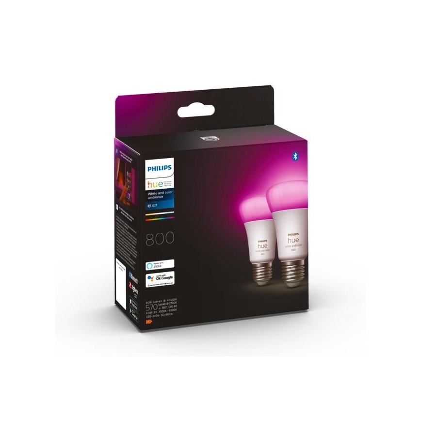 SET DE 2 bombillas LED regulables Philips Hue White and Color Ambiance A60 E27/6,5W/230V 2000-6500K