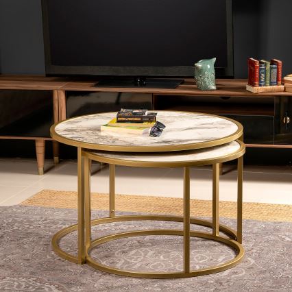 SET 2x Mesa de centro TAMBUR dorado/beige