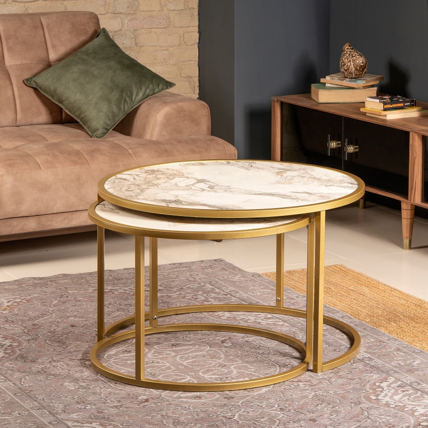 SET 2x Mesa de centro TAMBUR dorado/beige