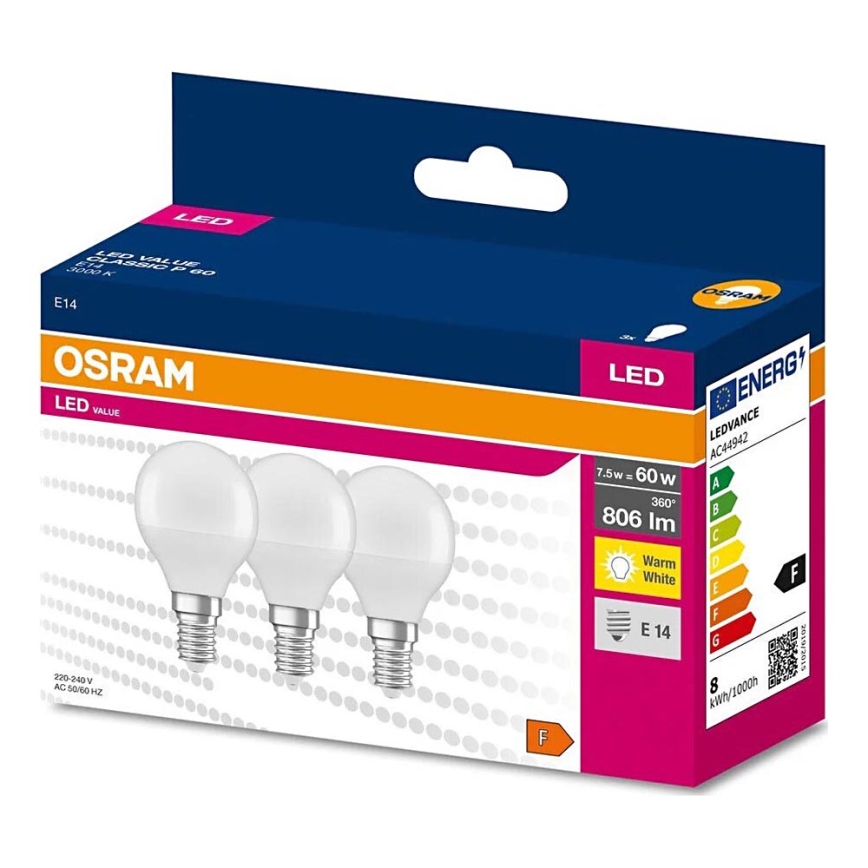 SET 3x Bombilla LED P45 E14/7,5W/230V 3000K - Osram