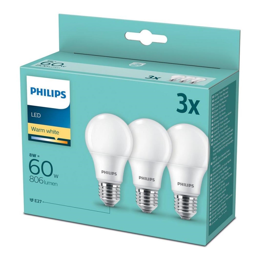 SET 3x Bombilla LED Philips A60 E27/8W/230V 2700K