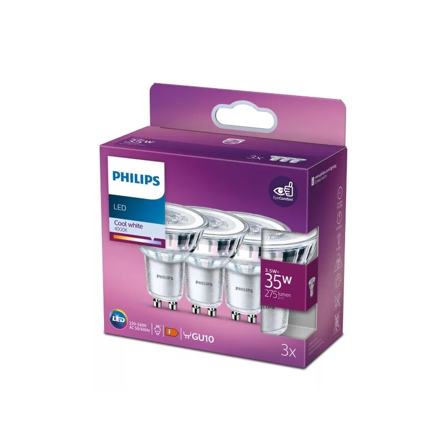 SET 3x Bombilla LED Philips PAR16 GU10/3,5W/230V 4000K