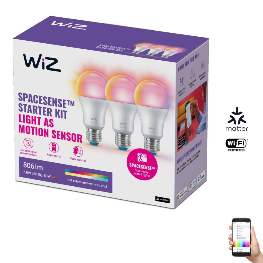 SET 3x Bombilla LED RGBW regulable A60 E27/8,8W/230V 2200-6500K Wi-Fi - WiZ