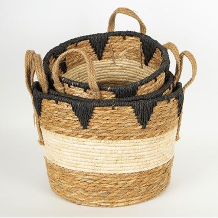 SET 3x Cesta de paja beige/negro 27x20/30x22/36x28 cm