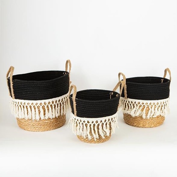 SET 3x Cesta de paja beige/negro/blanco 25x17x23/28x22x25/35x28x30 cm