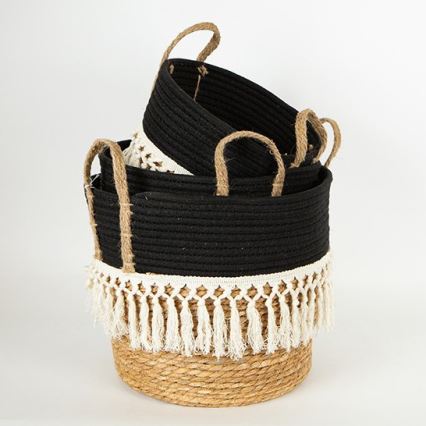 SET 3x Cesta de paja beige/negro/blanco 25x17x23/28x22x25/35x28x30 cm
