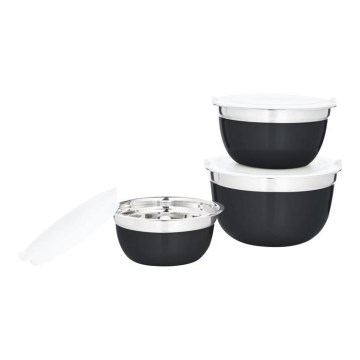 SET 3x Cuencos con tapa negro/acero inoxidable