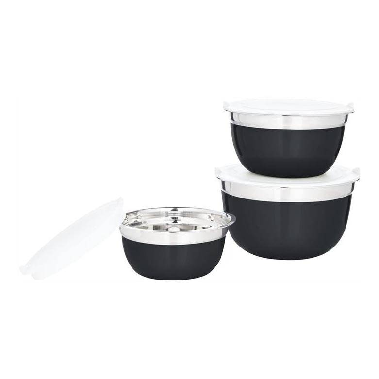 SET 3x Cuencos con tapa negro/acero inoxidable
