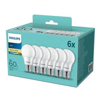 SET 6x Bombilla LED Philips A60 E27/8W/230V 2700K