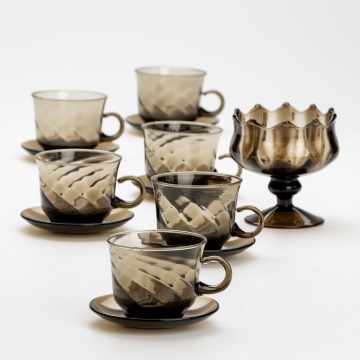 Set 6x vaso de vidrio con platillo y 1x azucarero ahumado