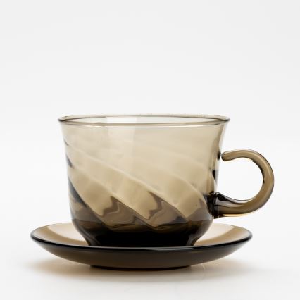Set 6x vaso de vidrio con platillo y 1x azucarero ahumado