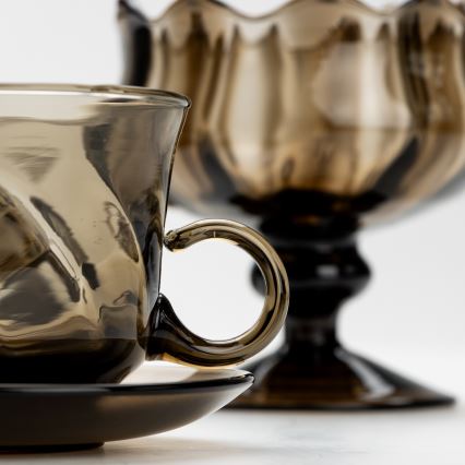 Set 6x vaso de vidrio con platillo y 1x azucarero ahumado