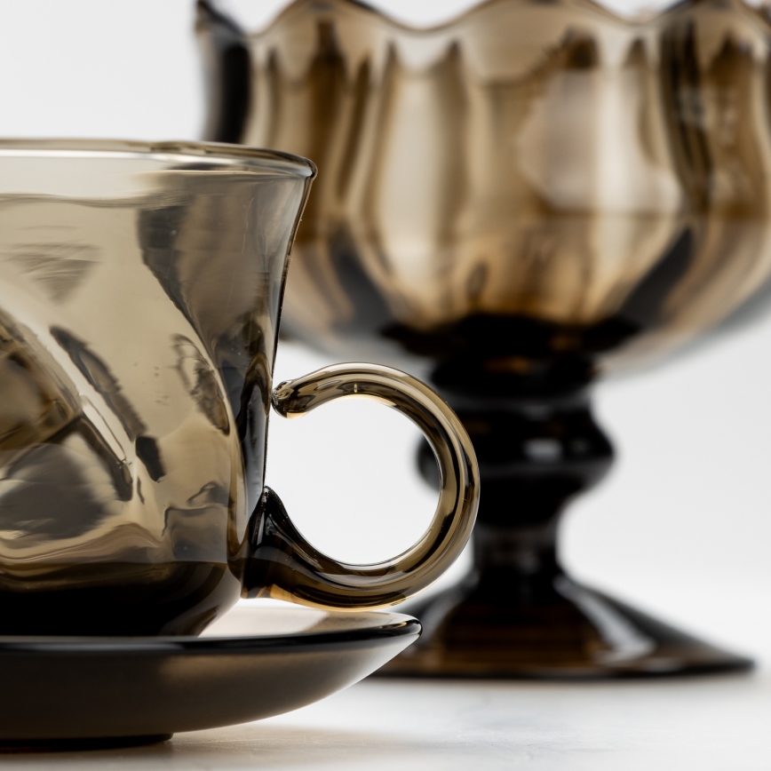 Set 6x vaso de vidrio con platillo y 1x azucarero ahumado