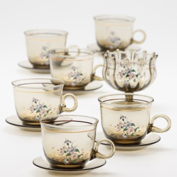 Set 6x vaso de vidrio con platillo y 1x azucarero ahumado ramo n.º 4