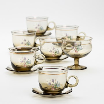 Set 6x vaso de vidrio con platillo y 1x azucarero ahumado ramo n° 2