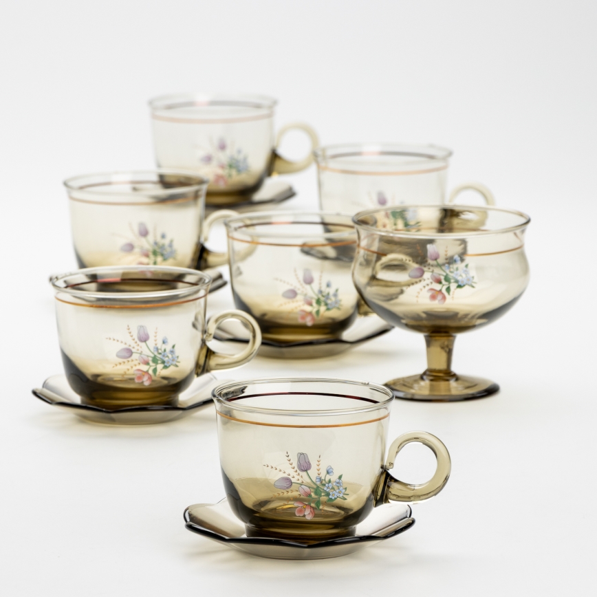 Set 6x vaso de vidrio con platillo y 1x azucarero ahumado ramo n° 2