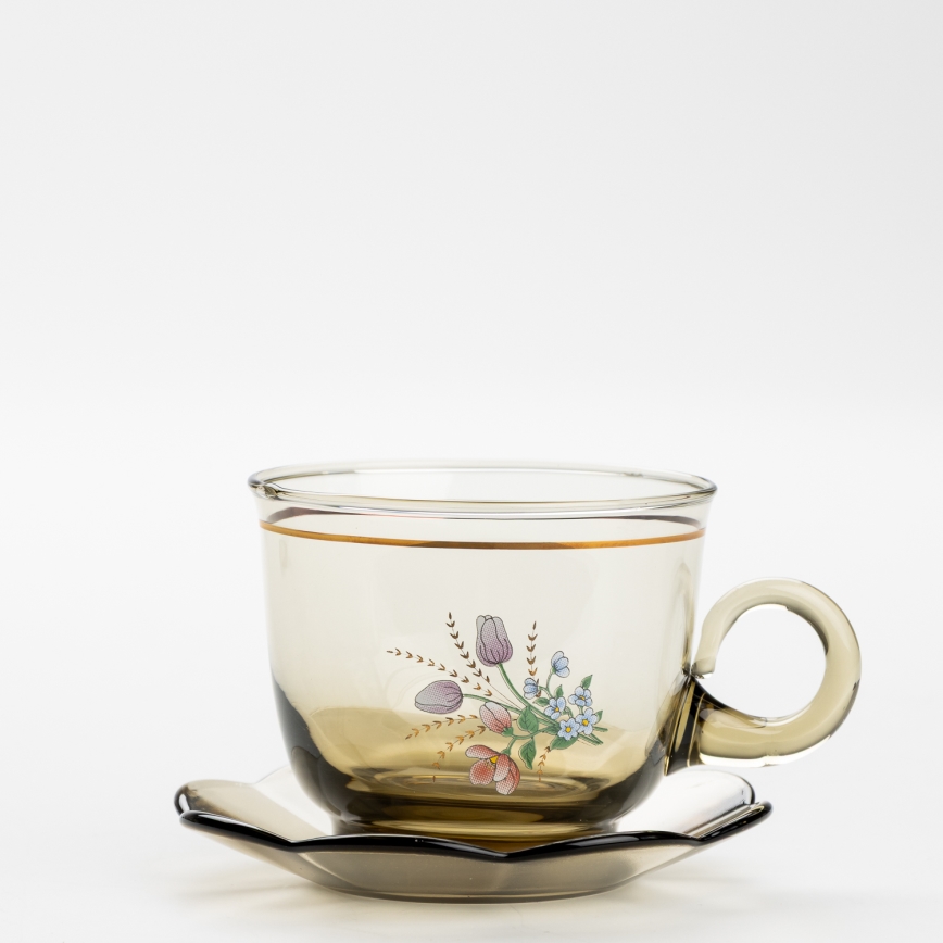 Set 6x vaso de vidrio con platillo y 1x azucarero ahumado ramo n° 2