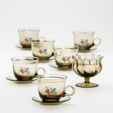 Set 6x vaso de vidrio con platillo y 1x azucarero ahumado ramo n° 3